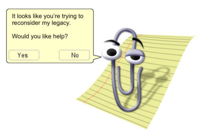 Clippy With a Talk Bubble Saying "It Looks Like You're Trying to Reconsider My Legacy. Would you like help?"